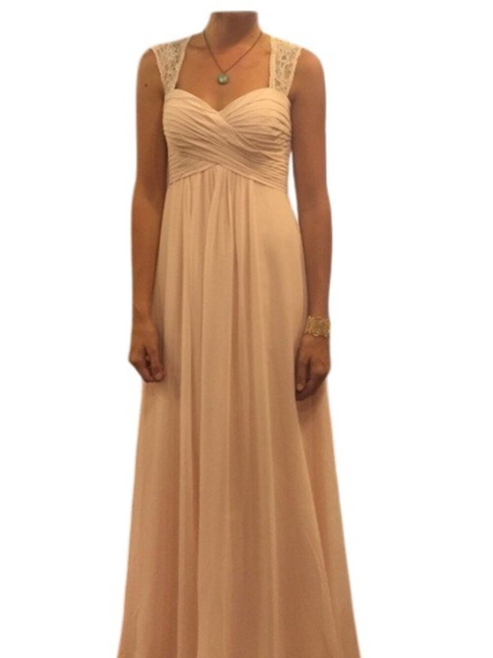 Bill Levkoff chiffon long dress/gown in a light champagne/neutral tan tone.